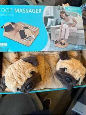 HealthTouch Pug Plush Foot Massager Slippers - Tan and Brown